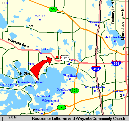 Map to the Minnetonka Redeemer Lutheran Church and Wayzata Community Church